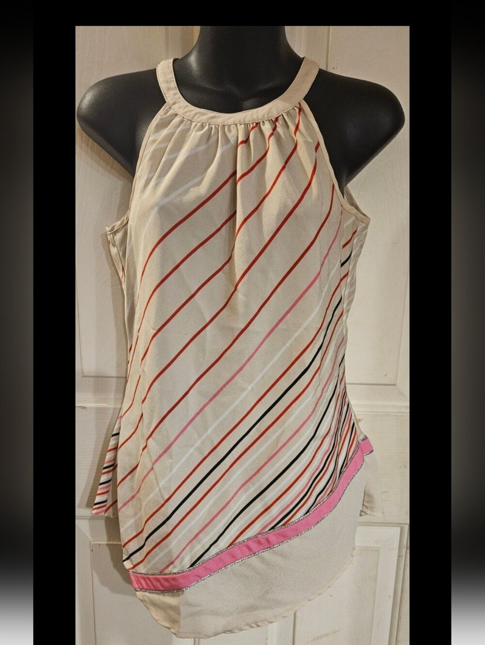 New York & Company Cream Halter Top with Pink and Black Diagonal Stripes